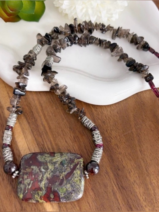 Estate Jewelry - Vintage Necklace Dragon's Blood Jasper Smokey Quartz Garnet Sterling Silver
